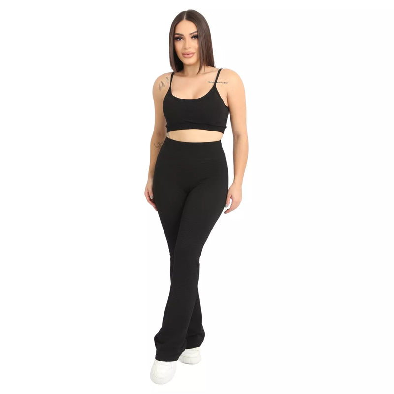 Conjunto Canelado Calça Flare e Top Alcinha Roupa Academia Fitness Feminina Esportiva Treino Corrida