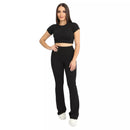 Conjunto Canelado Calça Flare e Cropped Roupa Academia Fitness Feminina Esportiva Treino Corrida
