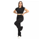 Conjunto Canelado Calça Flare e Cropped Roupa Academia Fitness Feminina Esportiva Treino Corrida