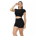 Conjunto Canelado Cropped e Short Feminino Roupa Academia Fitness Esportivo Treino